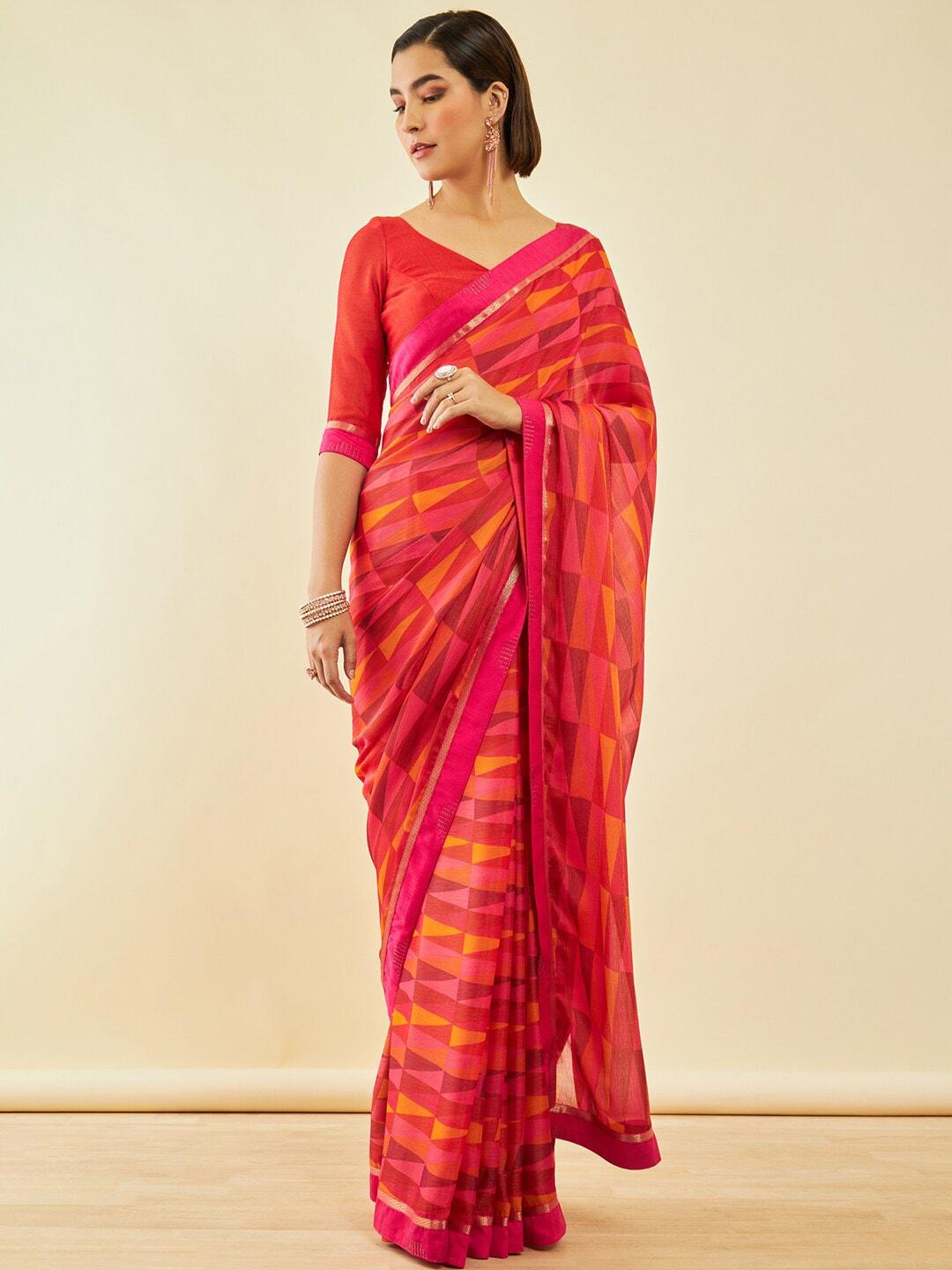 soch coral & pink beads and stones poly chiffon saree