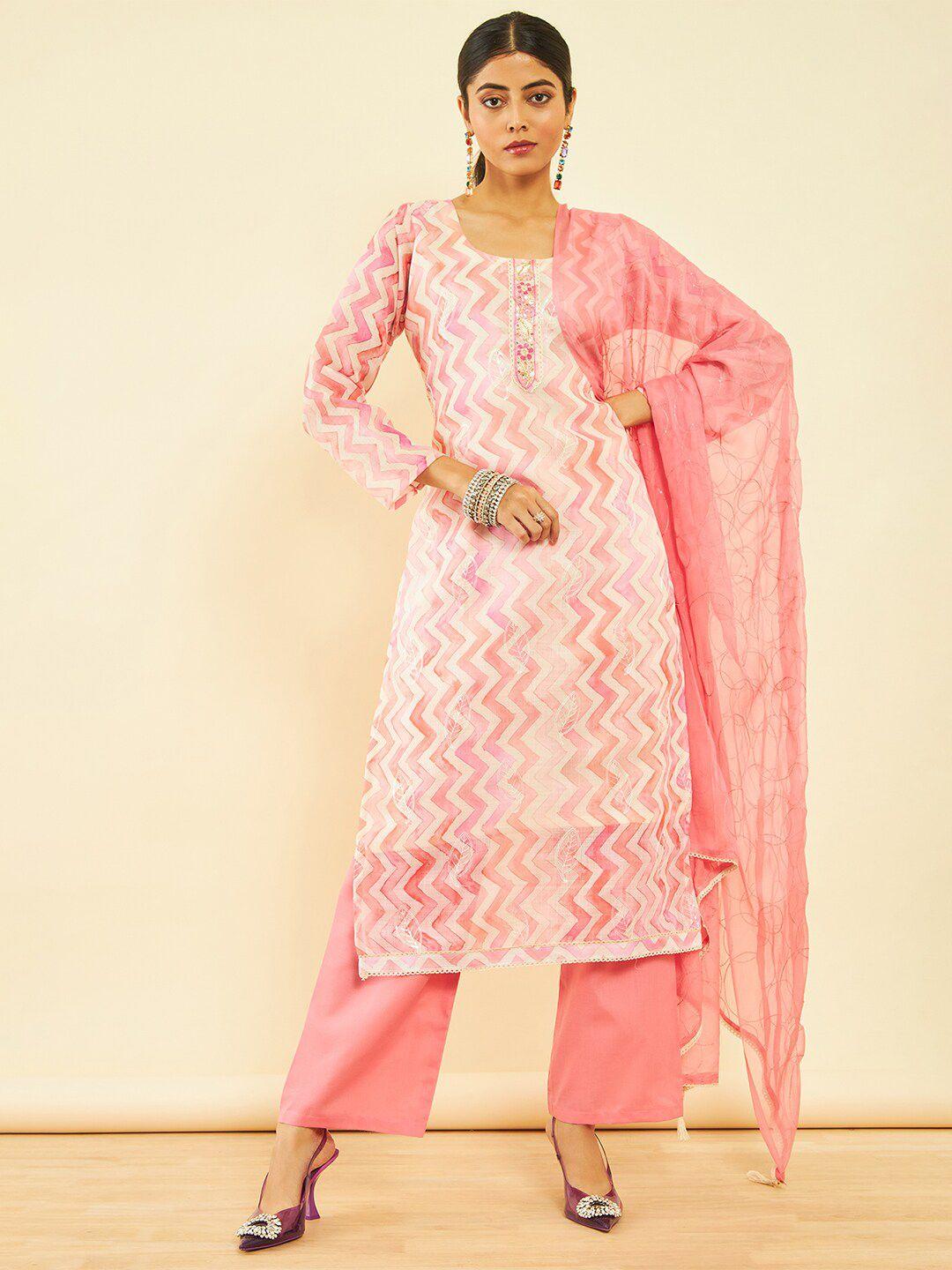 soch coral & white printed linen unstitched dress material