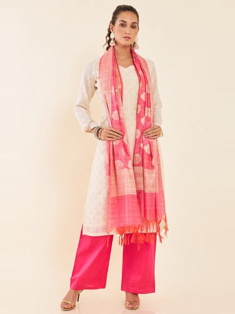 soch cream & pink woven pattern unstitched dress material