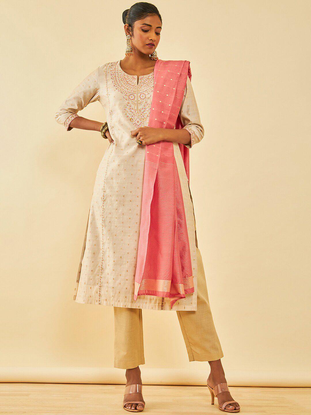 soch cream floral embroidered thread work straight kurta with trousers & dupatta