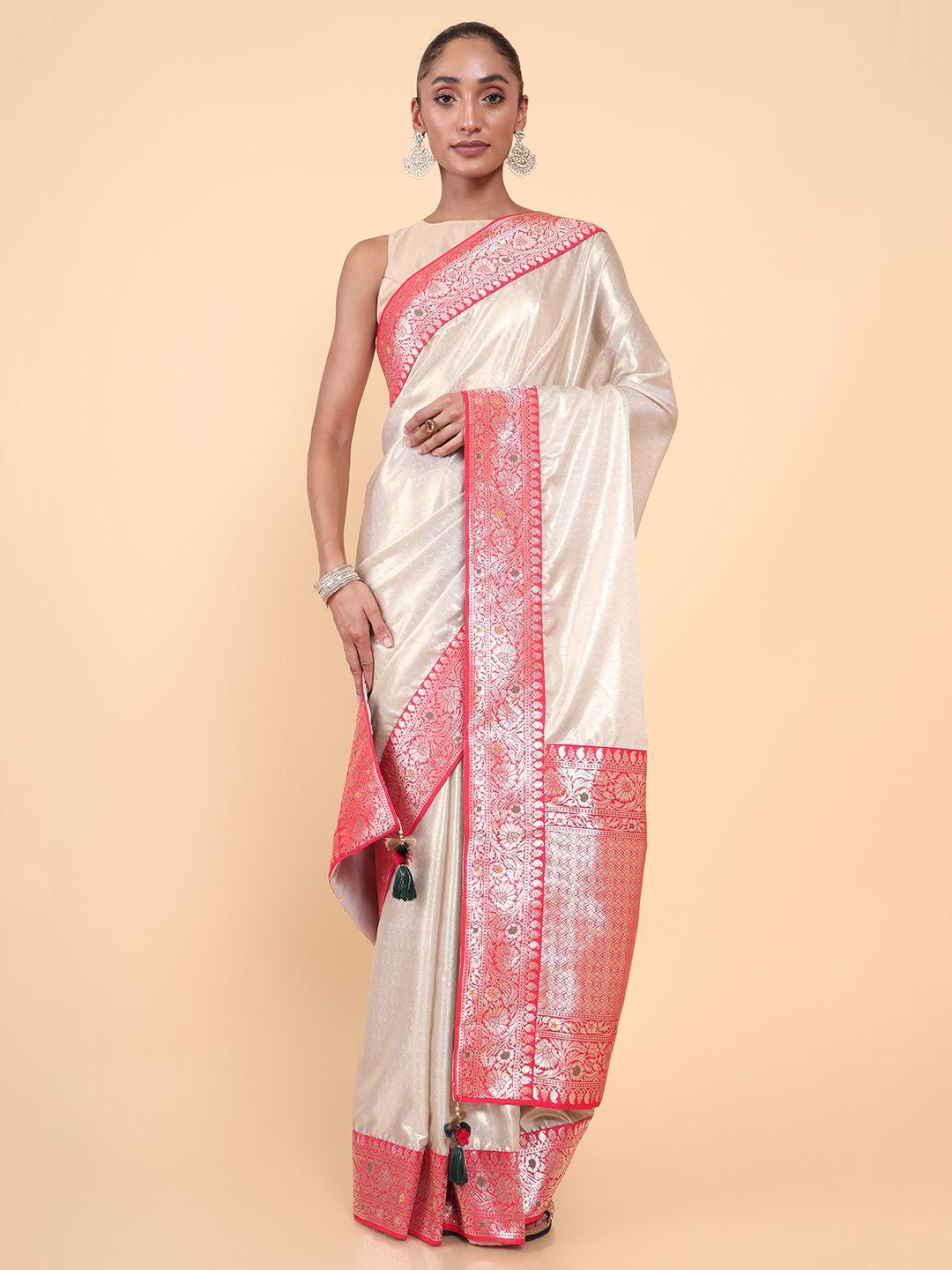 soch cream-coloured & red woven design zari silk blend tussar saree