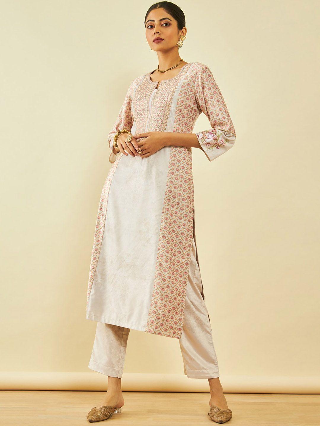soch cream-coloured floral printed regular thread work velvet straight kurta with trousers
