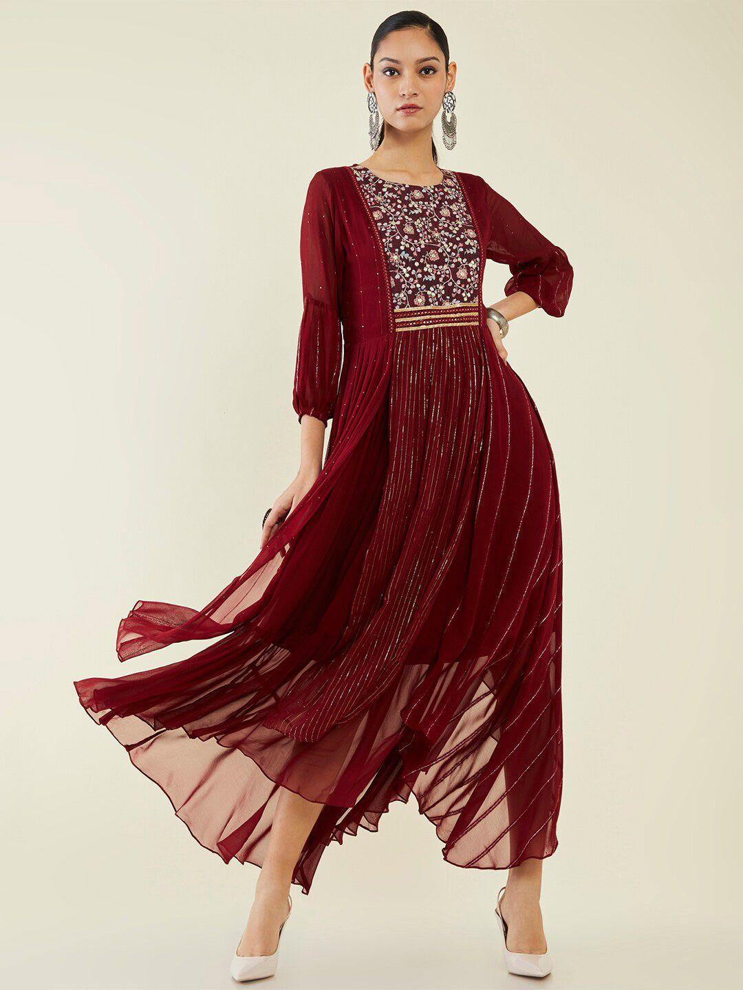 soch embroidered georgette puff sleeves a-line ethnic dress