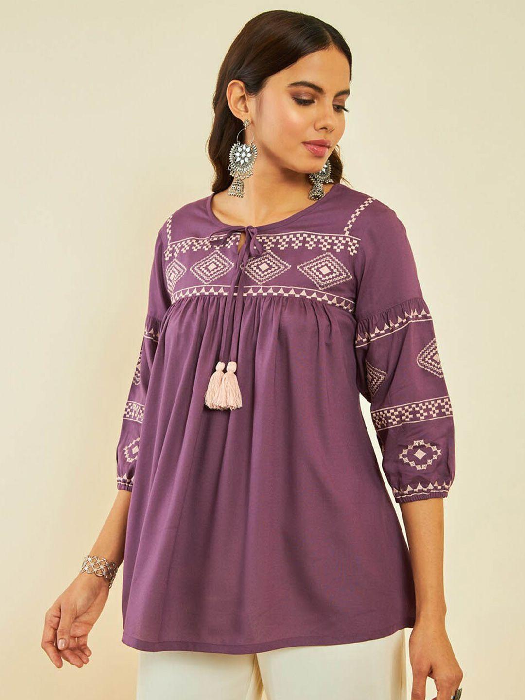 soch-embroidered-tie-up-neck-cuff-sleeve-pleated-tunic