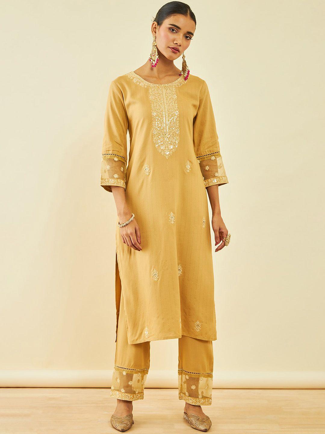 soch ethnic motifs embroidered sequinned straight kurta with trousers