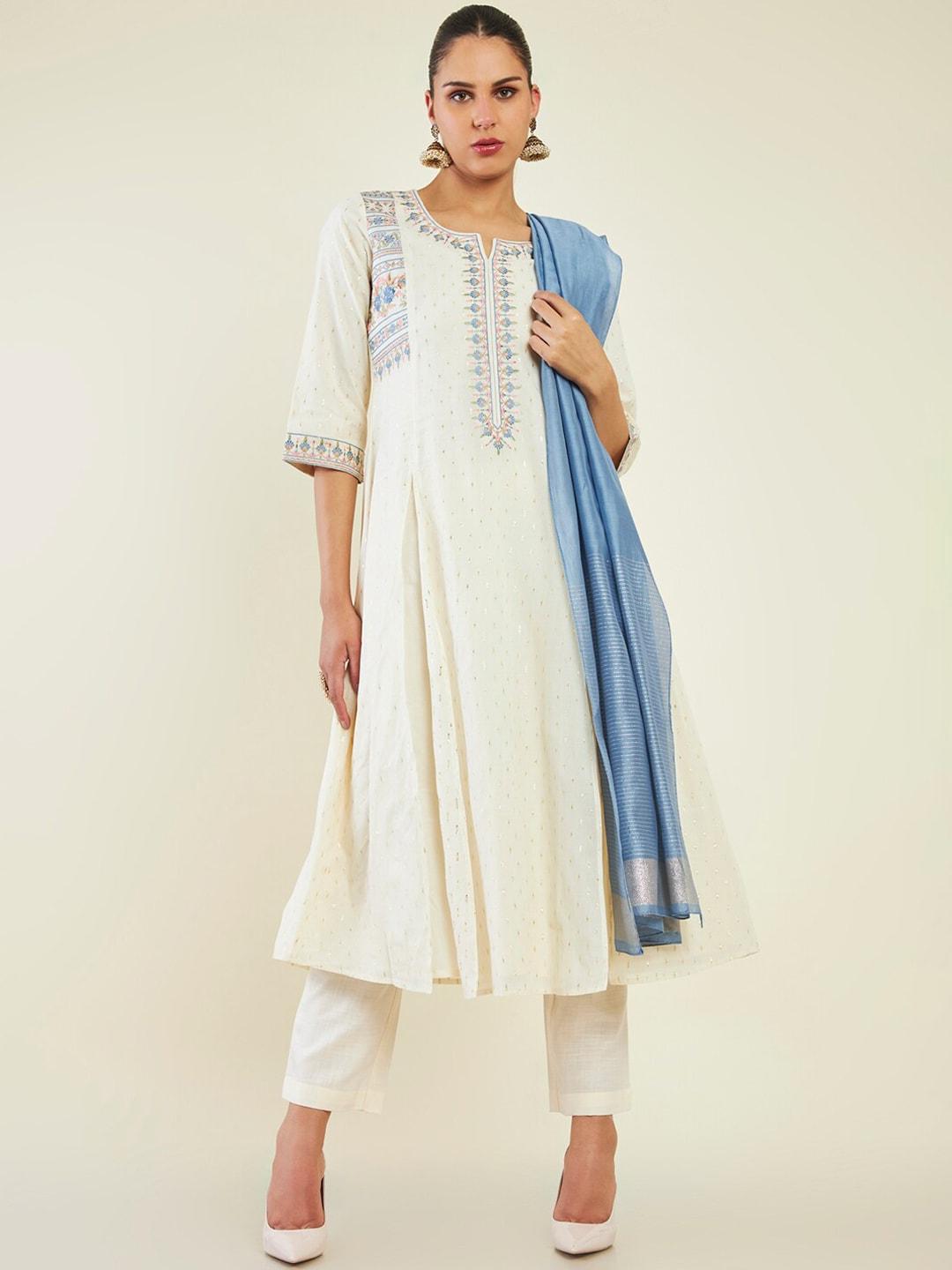 soch ethnic motifs embroidered thread work pure cotton kurta with trousers & with dupatta