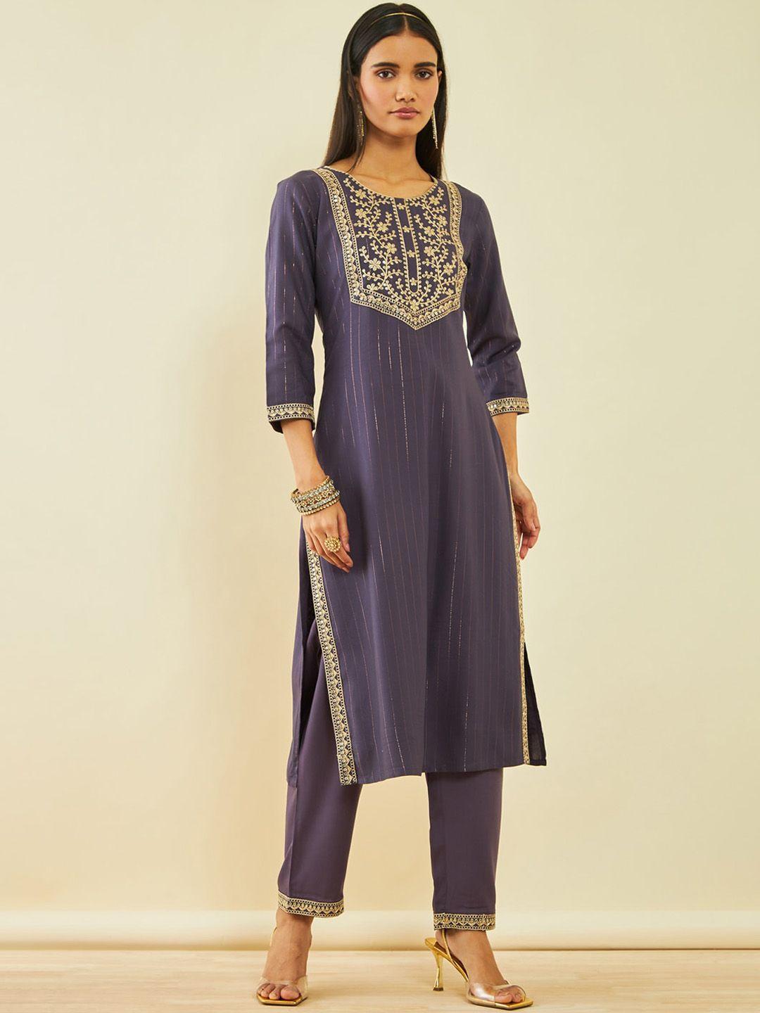 soch ethnic motifs embroidered yoke sequinned straight kurta with trousers
