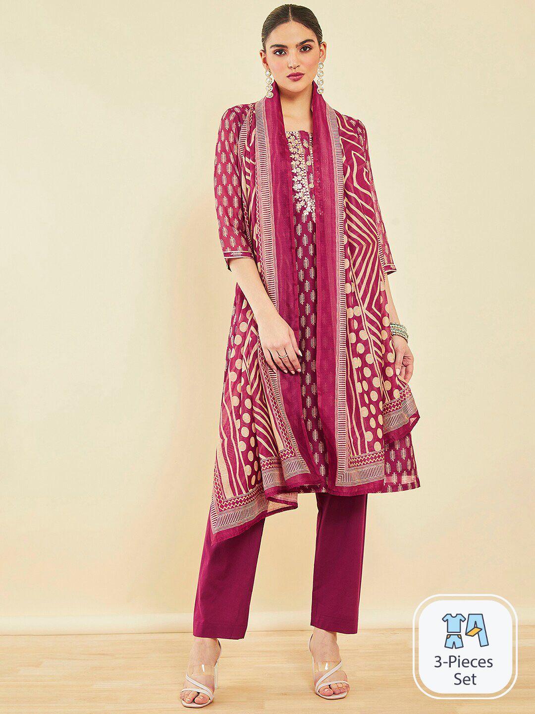 soch ethnic motifs printed round neck thread work straight kurta with trousers & dupatta