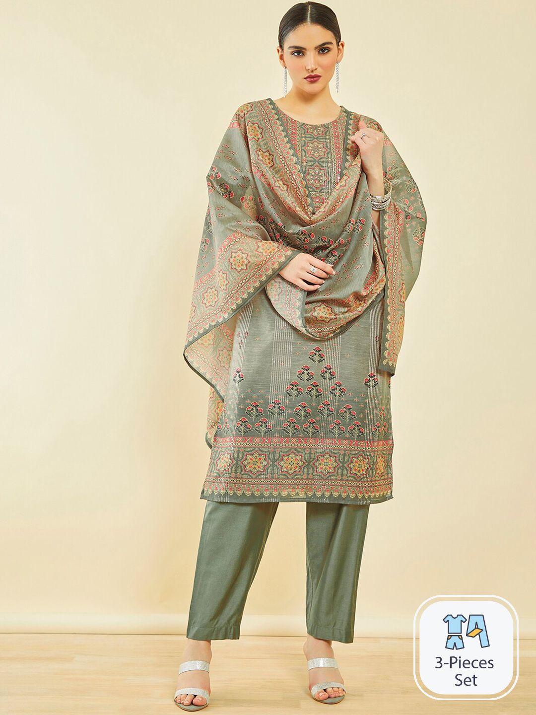 soch ethnic motifs printed sequinned thread work kurta with trousers & dupatta