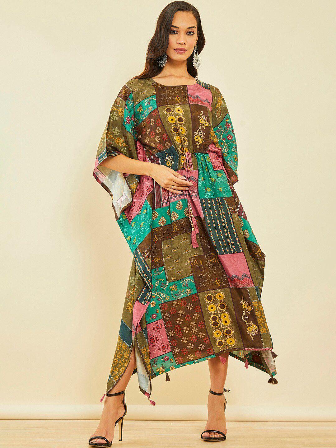 soch ethnic motifs printed silk midi kaftan dress