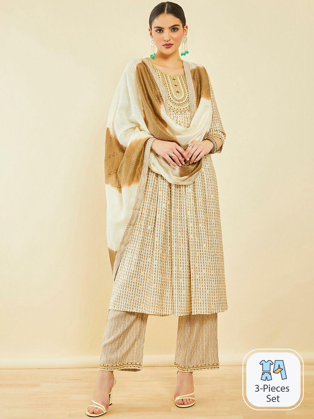 soch ethnic motifs printed thread work detailed a-line kurta & trousers with dupatta
