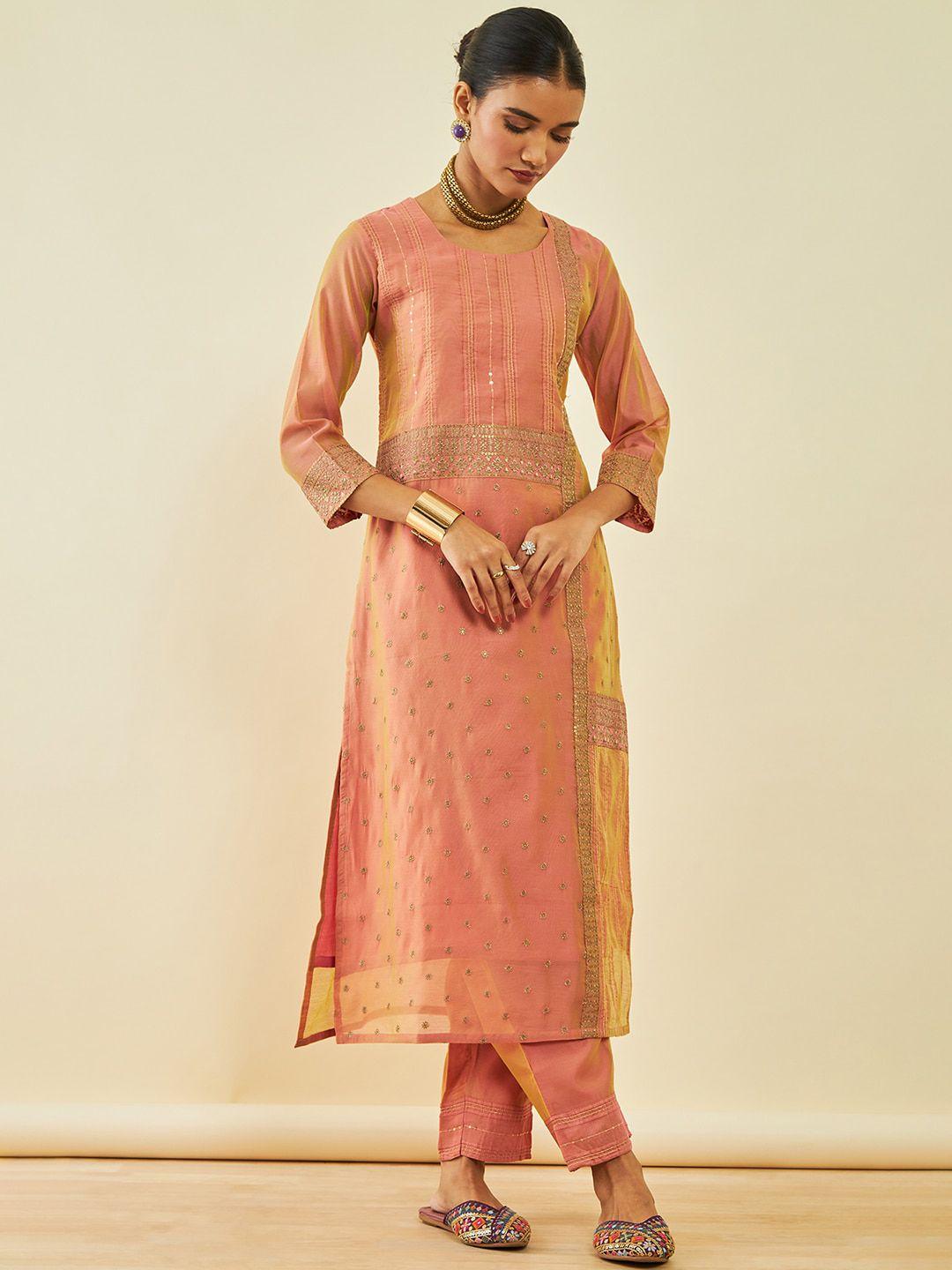 soch ethnic motifs round neck embroidered sequinned straight kurta with trousers