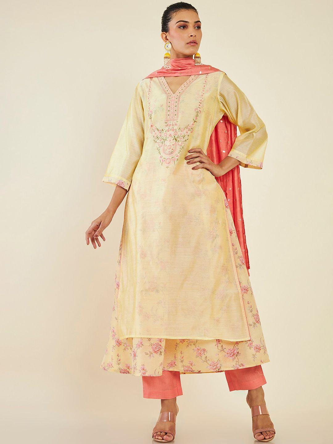 soch floral embroidered chanderi cotton layered a-line kurta with trousers & dupatta
