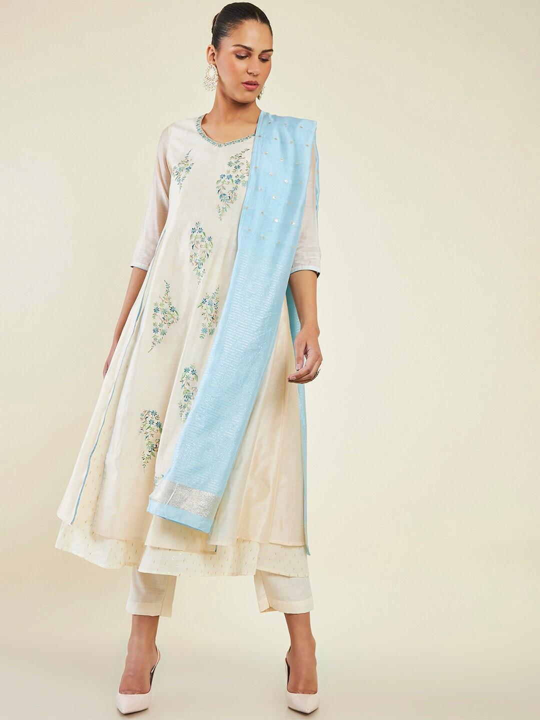 soch floral embroidered layered anarkali zari pure cotton kurta with trousers & dupatta