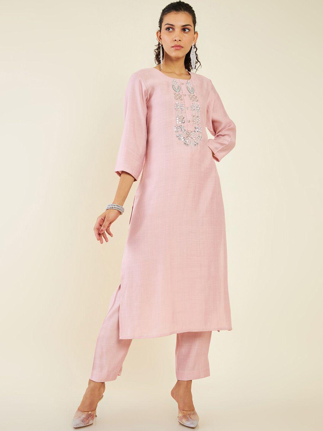 soch floral embroidered mirror work kurta with trousers