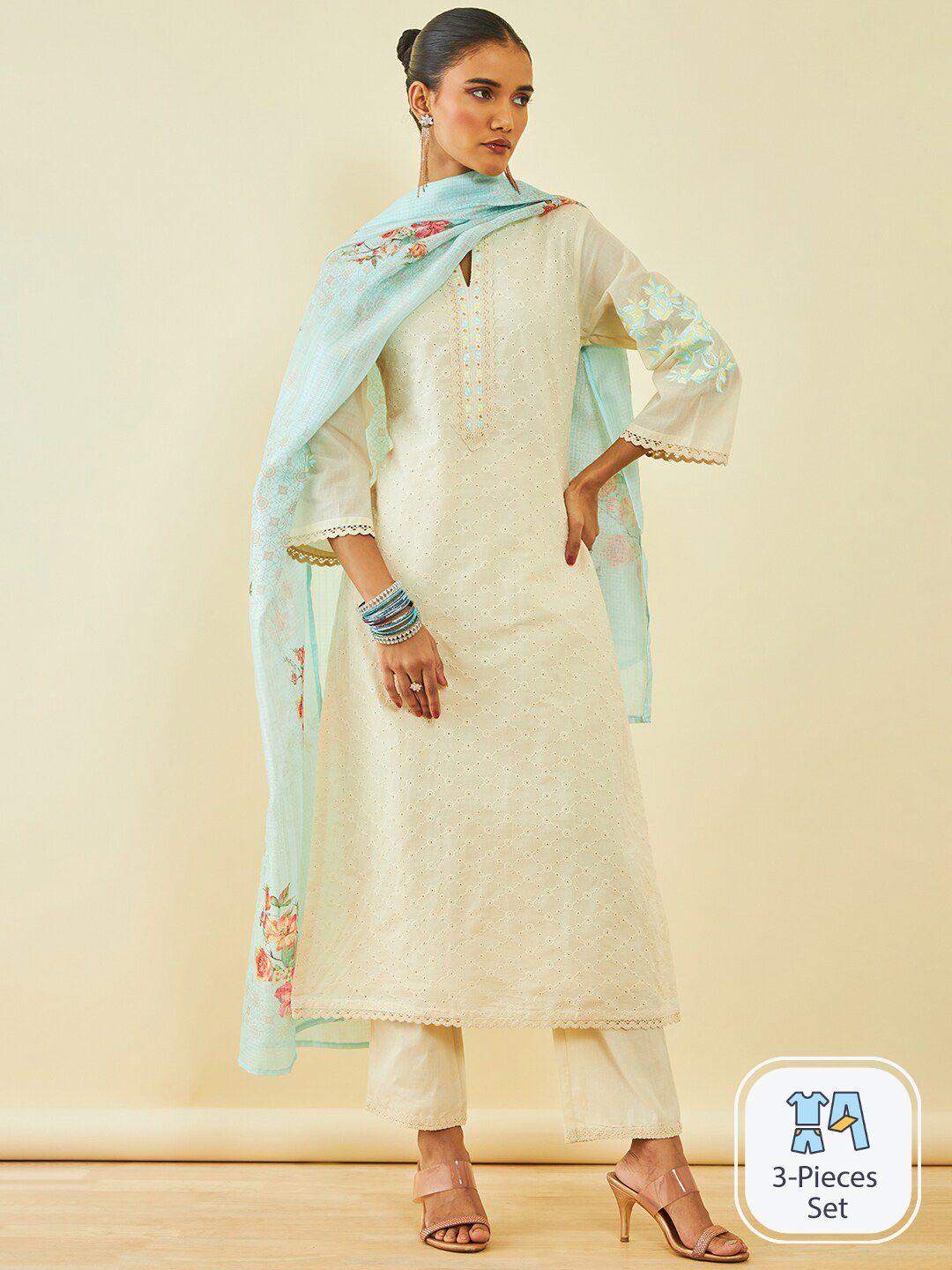 soch floral embroidered pure cotton kurta with trousers & dupatta