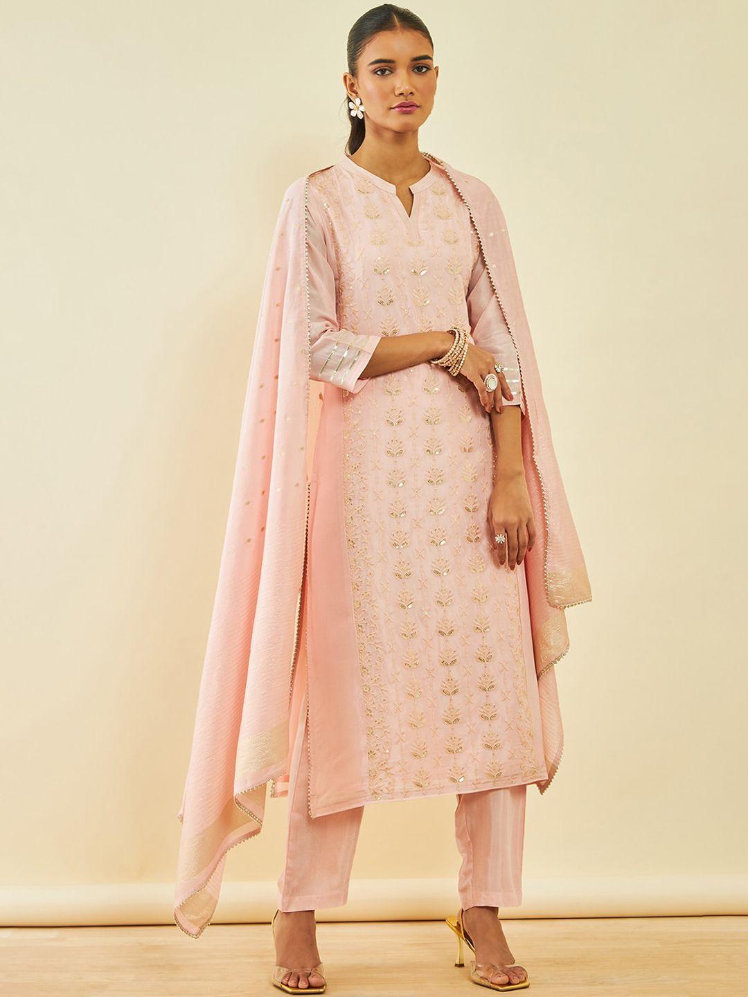 soch floral embroidered sequinned band collar straight kurta & trousers with dupatta