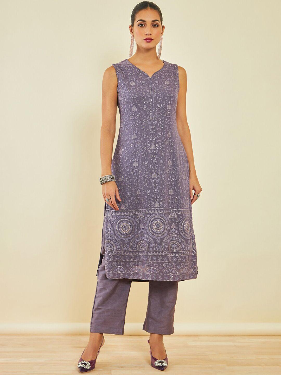 soch floral embroidered straight sequinned kurta & trousers with dupatta