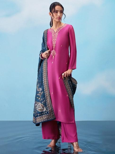 soch fuchsia & blue embroidered unstitched dress material