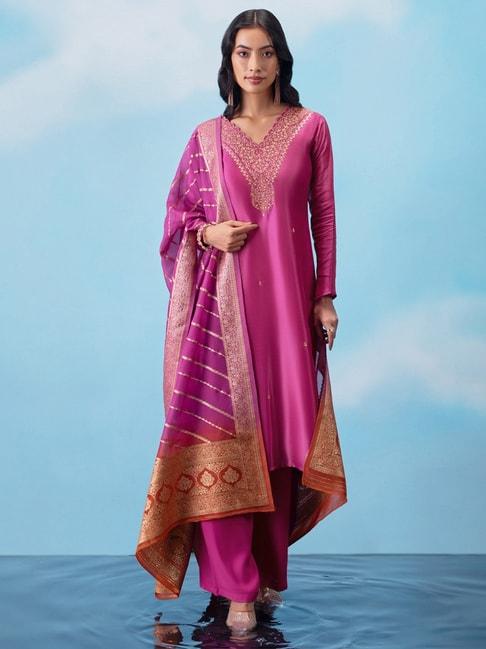 soch fuchsia embroidered unstitched dress material