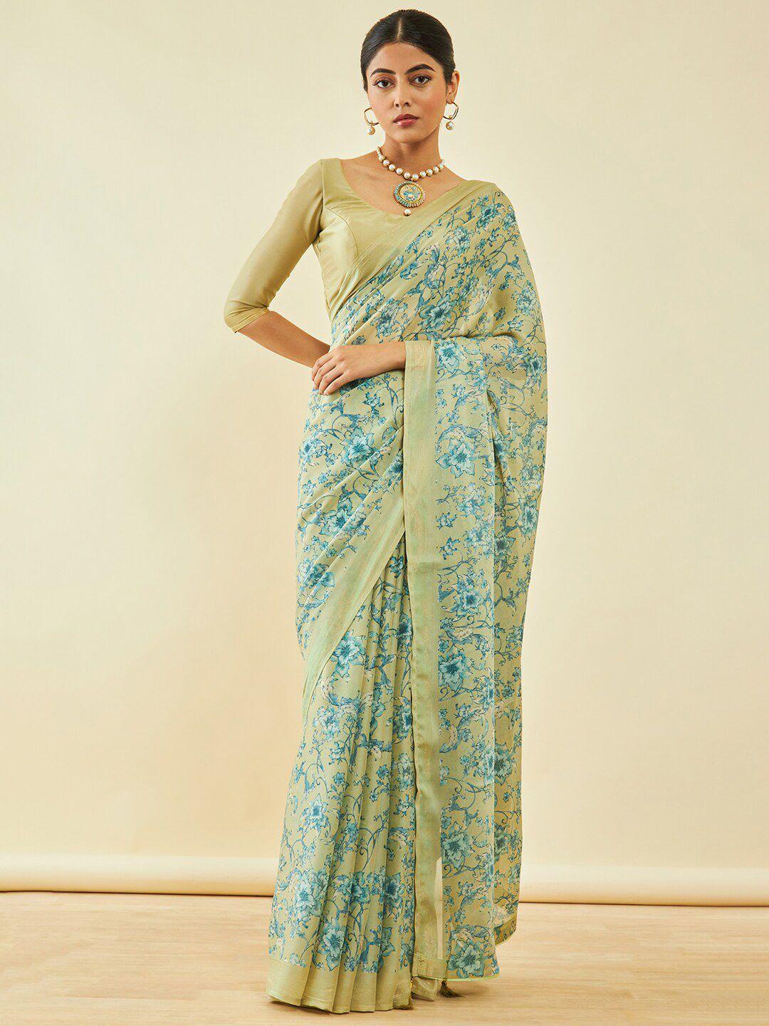 soch green & gold-toned floral poly georgette saree