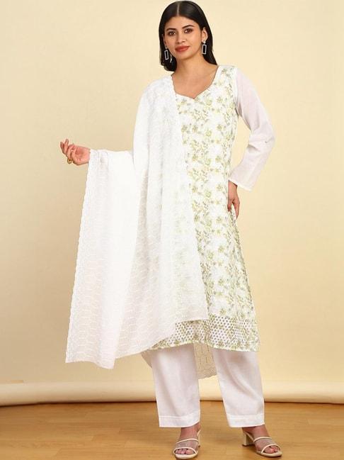 soch green cotton embroidered unstitched dress material
