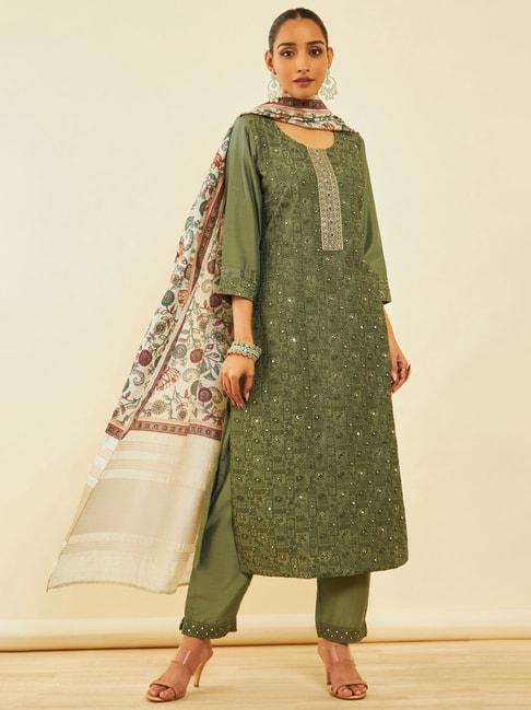 soch green embroidered kurta pant set with dupatta