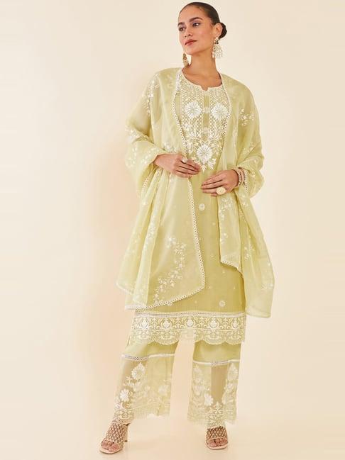soch green embroidered unstitched dress material