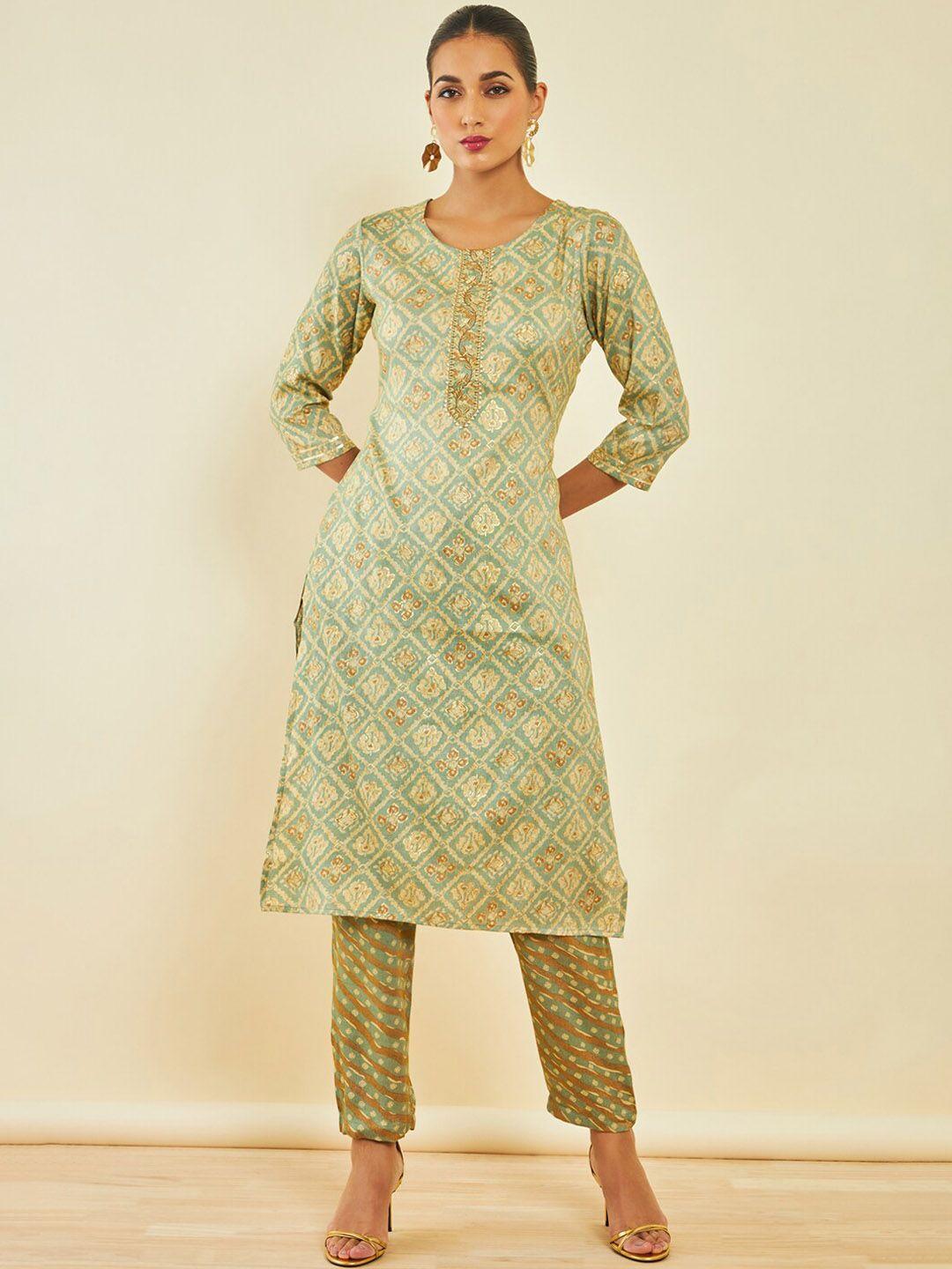 soch green ethnic motifs printed gotta patti straight kurta with trousers