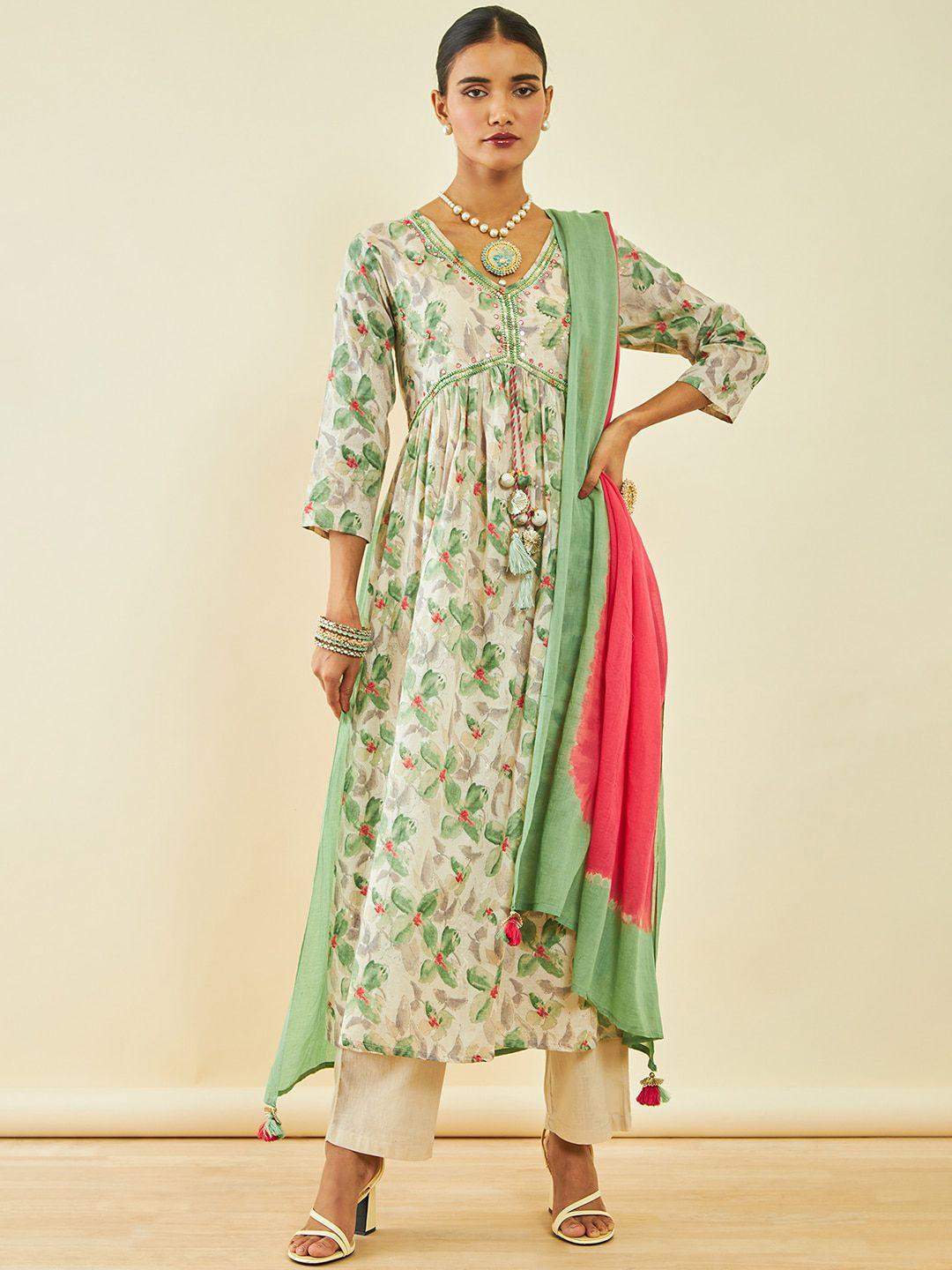 soch green floral printed empire mirror work pure cotton kurta with trousers & dupatta
