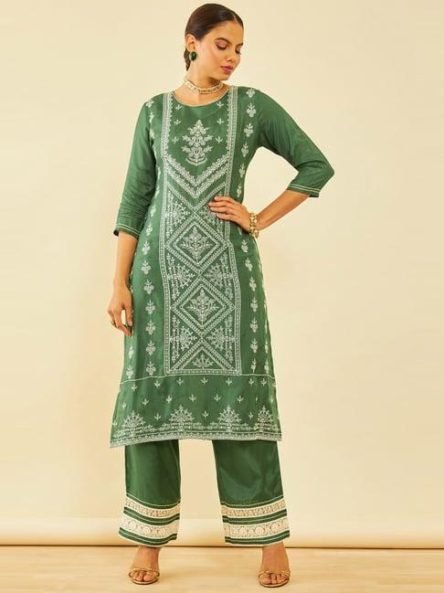 soch green muslin floral embroidered sequin embellished straight kurta set
