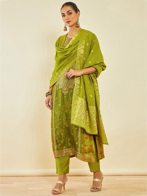 soch green woven pattern kurta pant set with dupatta