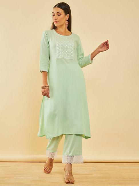 soch light green rayon embroidered kurta set with faux mirror work