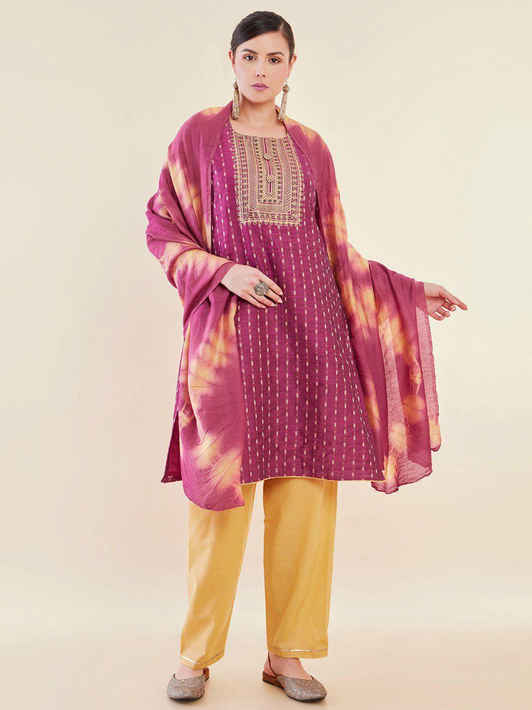 soch magenta & yellow embroidered art silk unstitched dress material