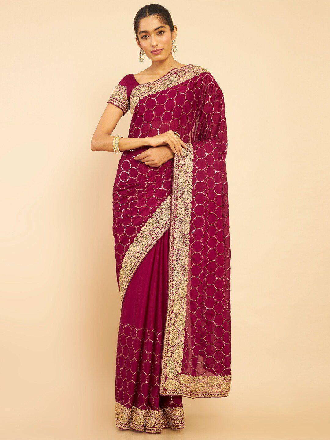 soch maroon & gold-toned sequinned pure chiffon saree
