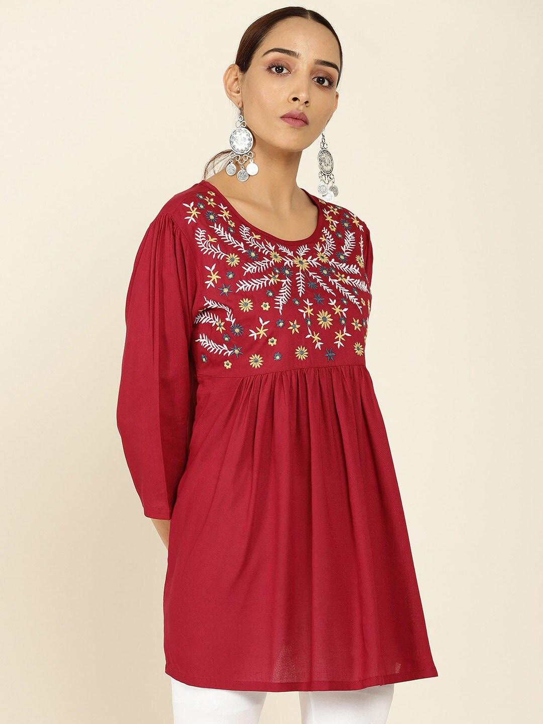 soch maroon & white viscose rayon embroidered tunic