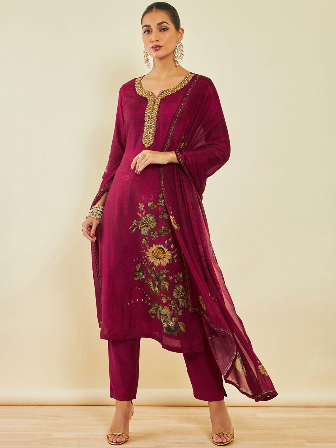 soch maroon floral printed beads and stones kurta with trousers & dupatta