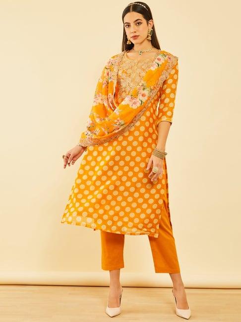 soch mustard chanderi embroidered suit set with sequins work