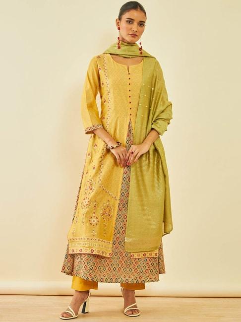 soch mustard chanderi printed and embroidered layered suit set with dupatta
