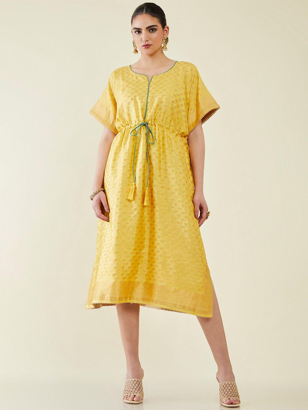 soch mustard jacquard ethnic a-line midi dress