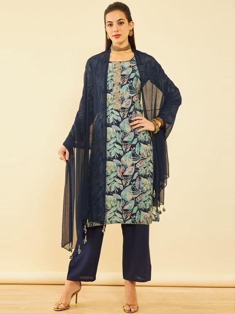soch navy floral print unstitched dress material