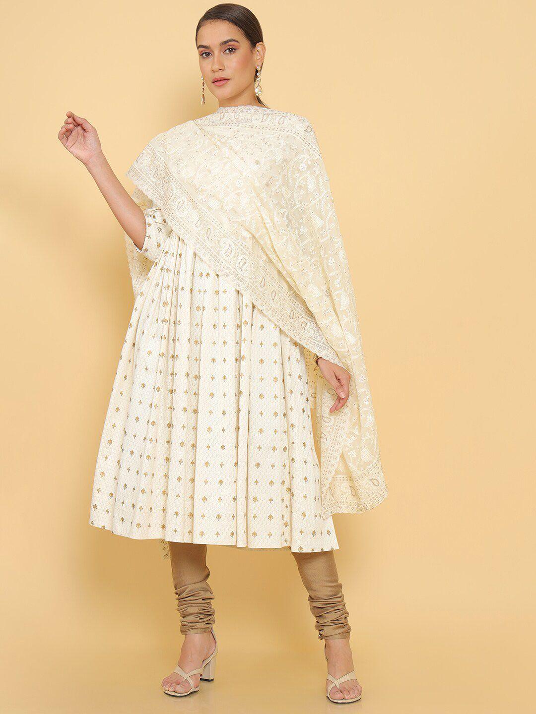 soch off white & beige paisley embroidered dupatta with thread work