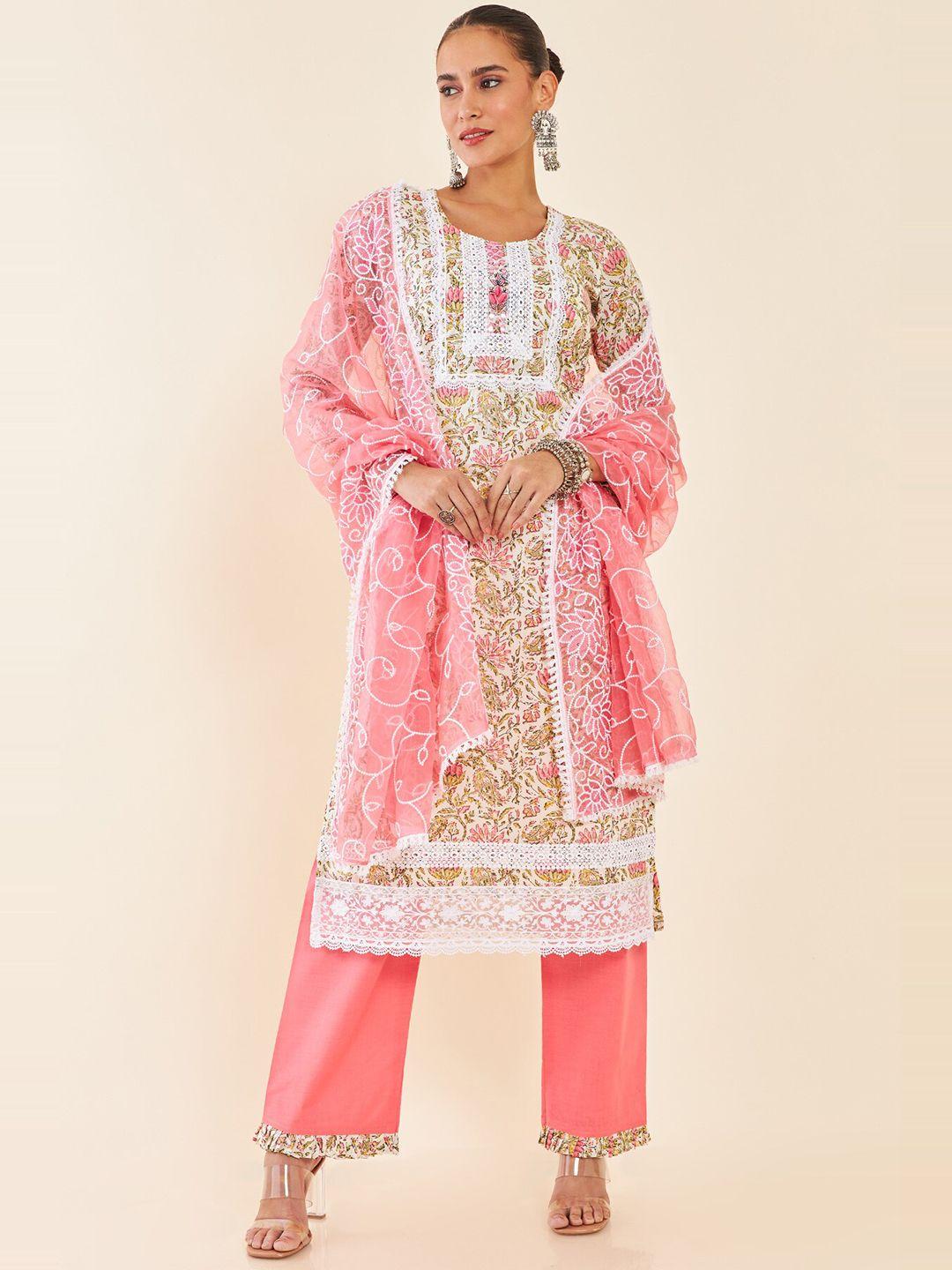 soch off white & pink printed pure cotton unstitched dress material