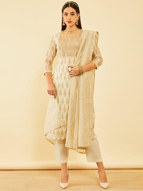 soch off white chanderi sequinned embellished printed suit set