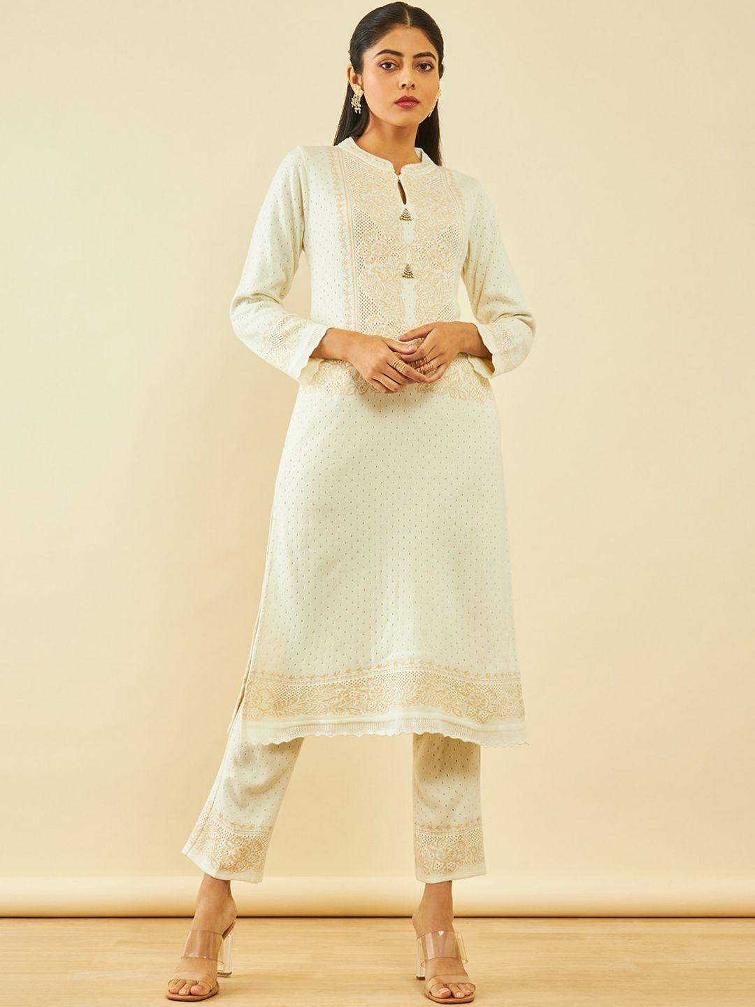 soch off white ethnic motifs printed regular straight kurta with trousers