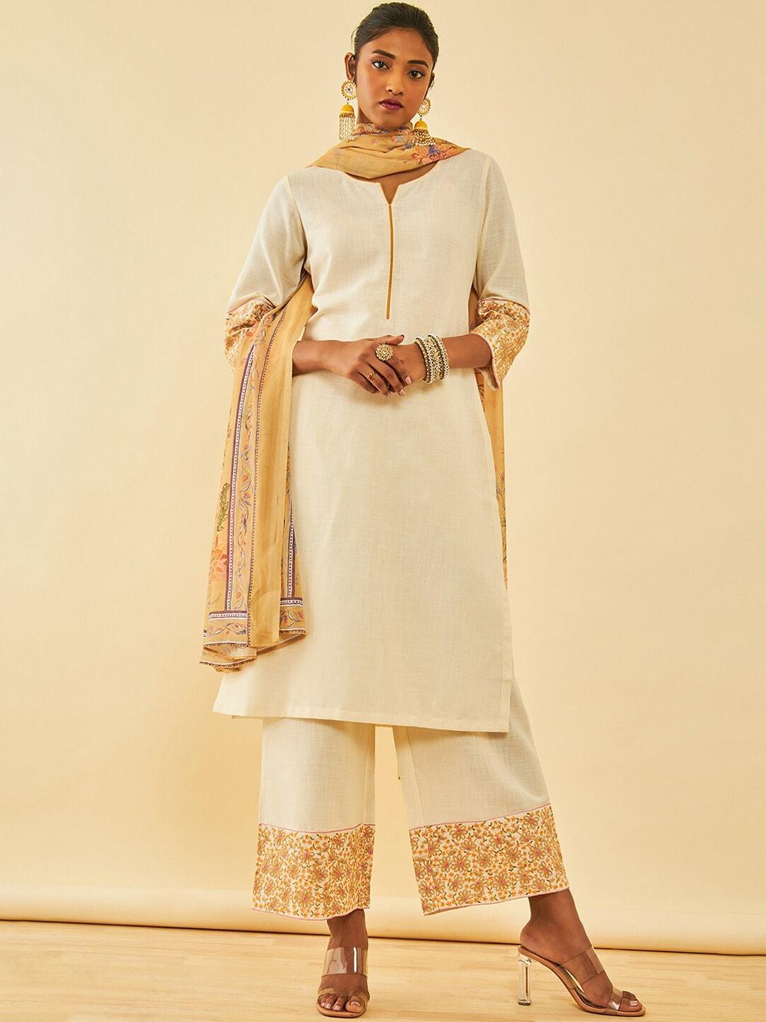 soch off white floral embroidered straight thread work kurta with palazzos & dupatta