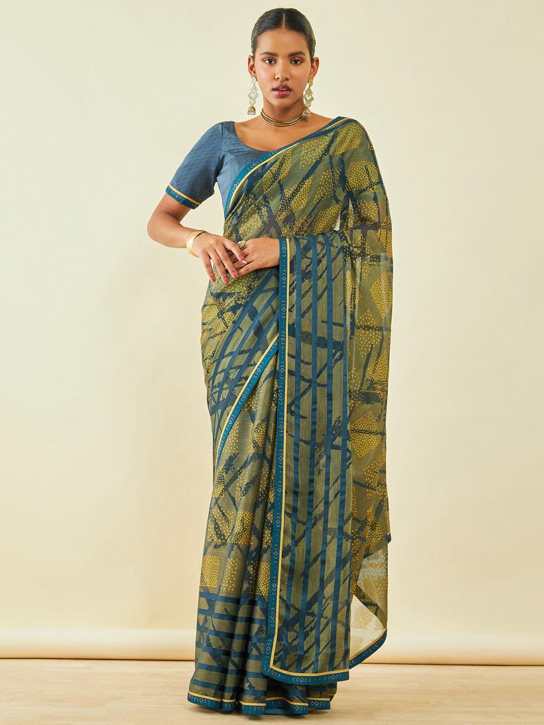 soch olive green & blue beads and stones poly chiffon saree