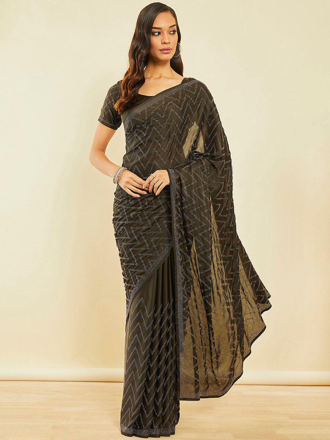 soch olive green embellished beads and stones saree