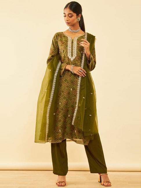 soch olive green embroidered unstitched dress material