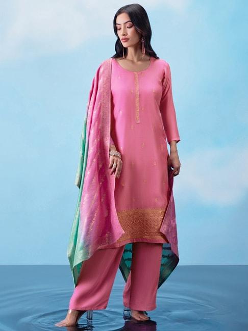 soch onion pink silk blend sequin embroidered unstitched dress material
